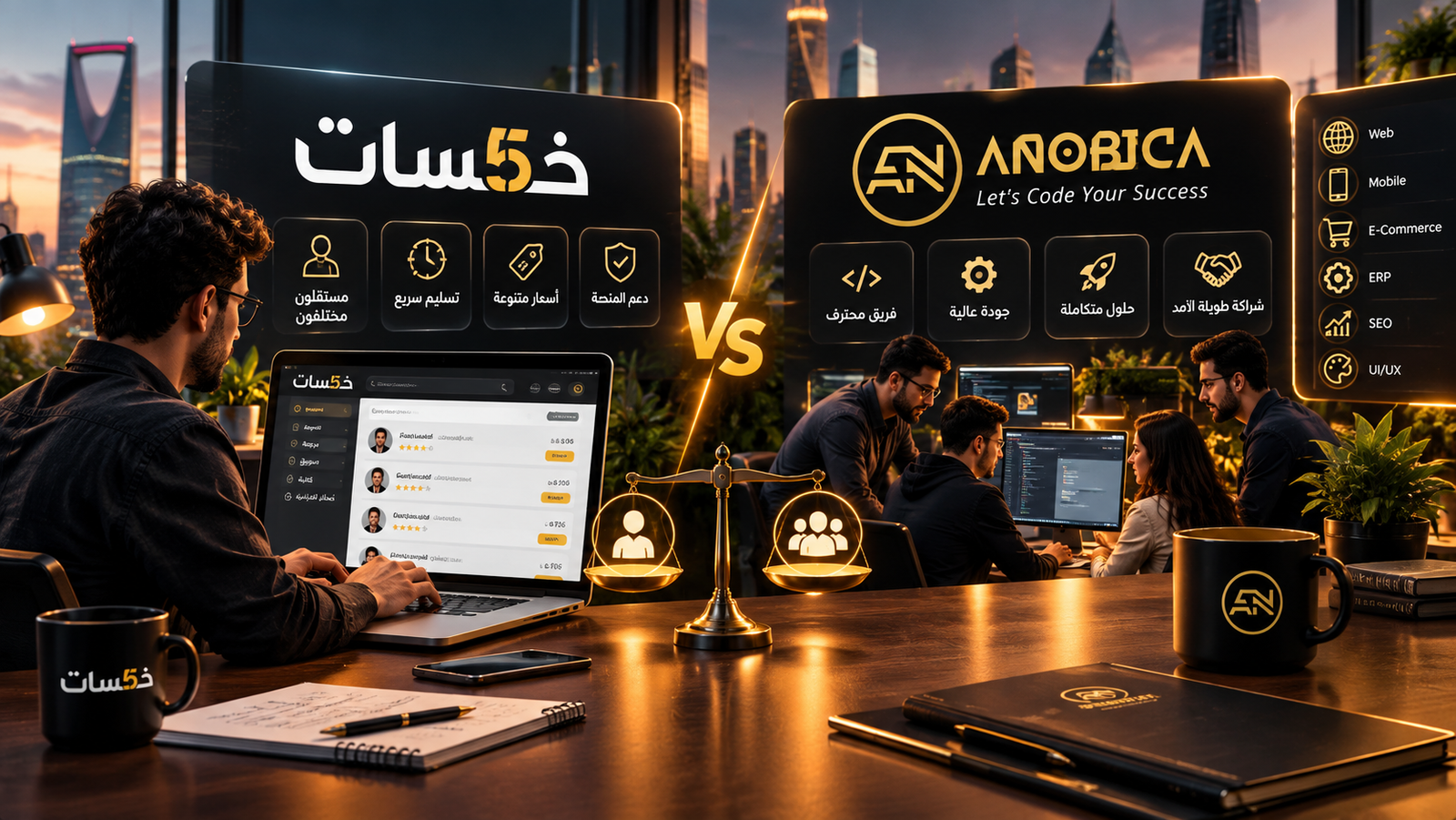 الاستعانة بمستقل عبر خمسات أم التعاون مع وكالة أنوبيكا ؟ مقارنة شاملة لتطوير مشروعك الرقمي