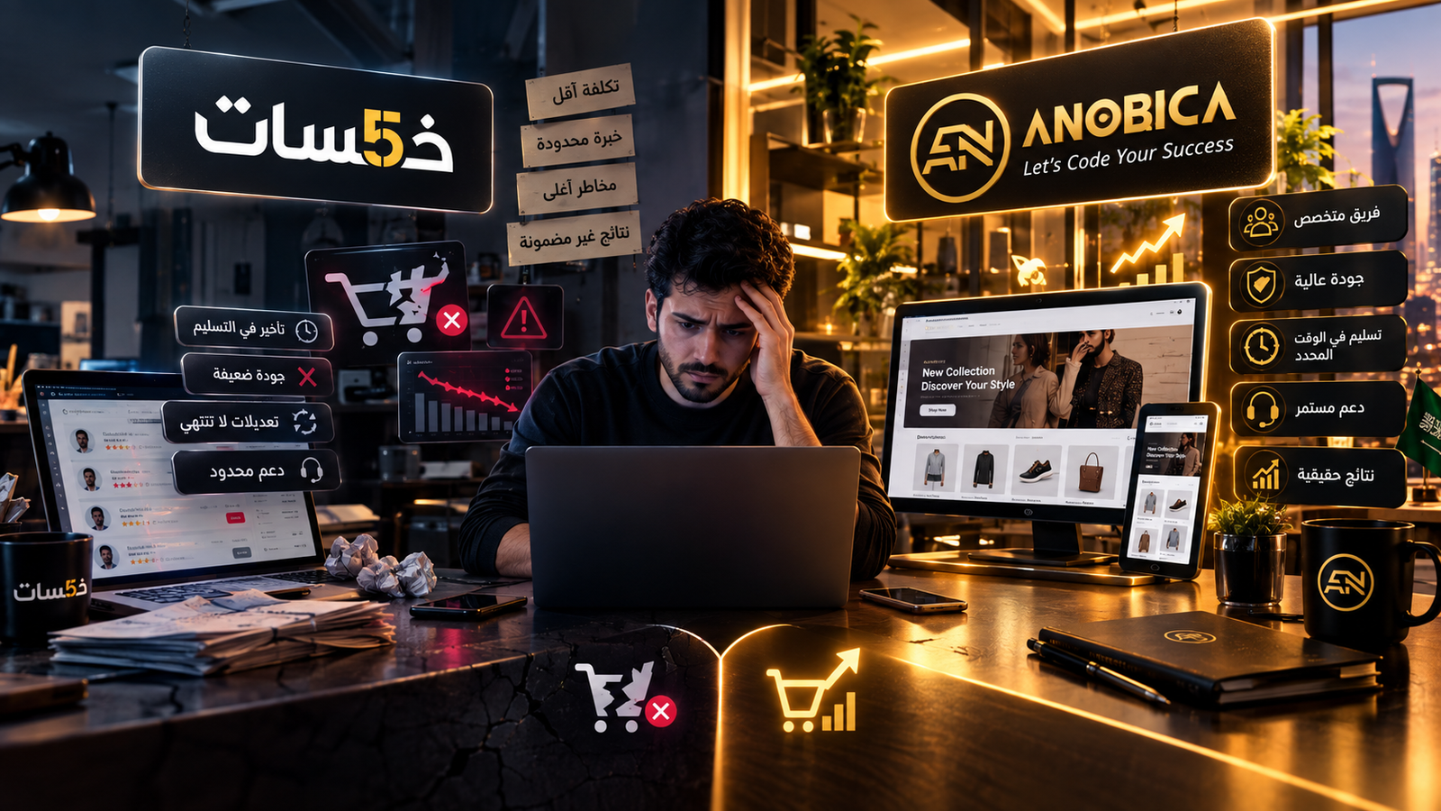 فخ الرخص أم قوة الاحتراف؟ لماذا يفشل متجرك عند الاعتماد على خمسات ومتى تنقذه Anobica؟