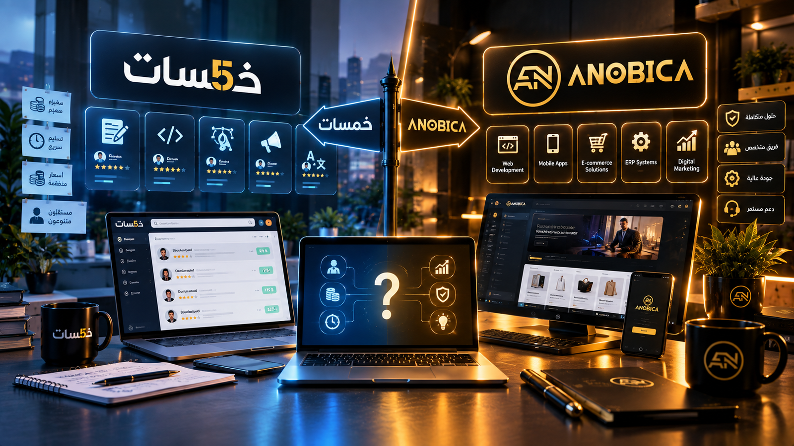 من المهام المصغرة إلى الحلول المتكاملة: كيف تختار بين خدمات خمسات وتطوير وكالة أنوبيكا؟